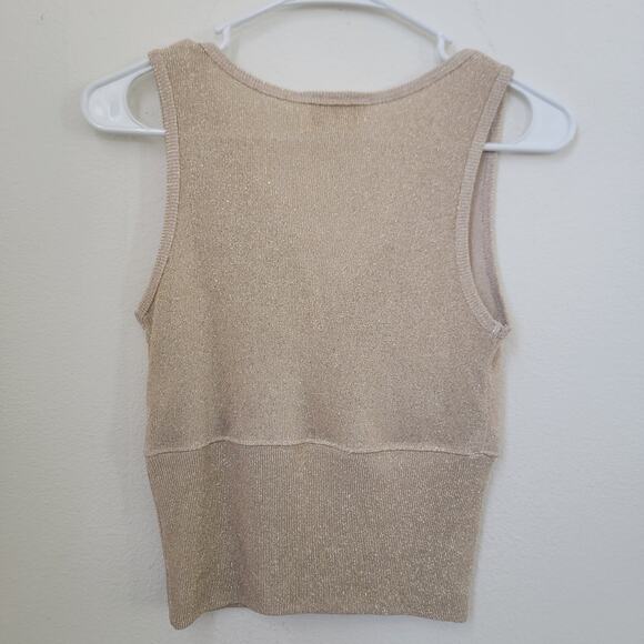 Vintage 00s Cache Gold Shimmer V-Neck‎ Sleeveless Medium Cami Top Glam Faux Wrap - Picture 2 of 7